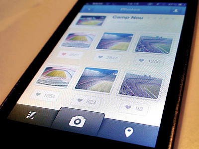 Iphone App WIP app blue camera depth gray grey icon iphone menu photo photos pictures places score shadow ui