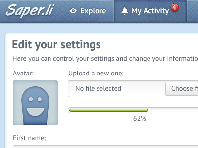 Saperli Edit your settings avatar button form inputfields loader progress saper.li saperli settings upload