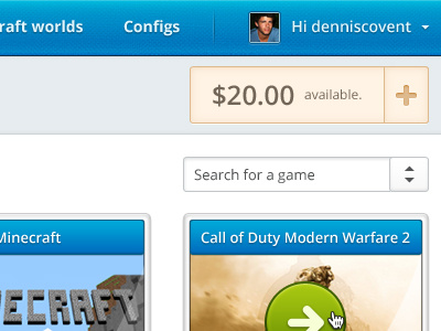 Select a game blue cloudfrag game grey header menu money search