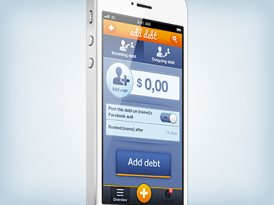 Add Debt app avatar blue button field input iphone menu orange switch ui