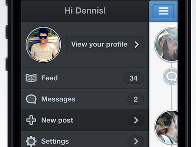 iPhone sidemenu avatar blue dark gray grey icon icons interface iphone menu mobile side sidebar ui