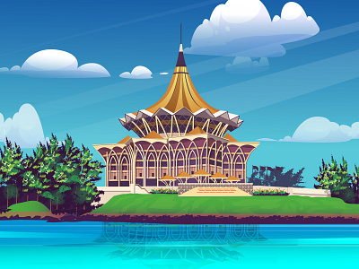 Kuching Waterfront beautiful landscape design digital art digital illustration flat illustration kuching waterfront landscape malaysia portrait art summer vector water waterfront