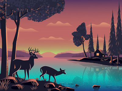 Beautiful Evening amazing beautiful deer design digital art digital illustration evening flat illustration landscape landscape illustration noir place vector web