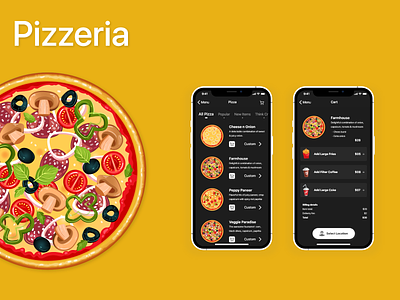 Pizzeria - Pizza Menu and Cart branding buy now design designer food food app food cart pizza pizza menu select location ui ui ux designer ux ux designer
