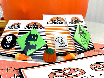 Spooky buttons and postcards buttons glow-in-the-dark halloween hand drawn hand-pulled prints spooky