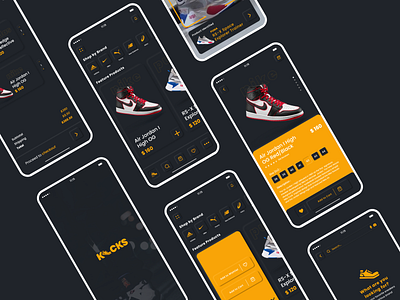 Kicks - Sneakers Store App Dark UI Neumorphis dark ui ecommerce ios iphone x mobile neumorphism shoes skeuomorphism sneakers soft ui ui ui design uiux ux design