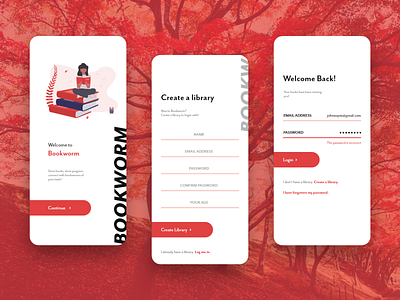 BOOKWORM App Design adobe xd app app ui branding design illustration login logo prototype red registration sign in signup ui undraw ux