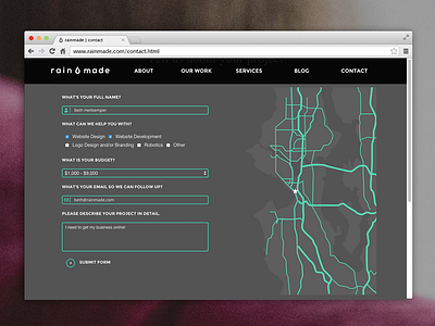 RainMade Contact Page contact form map mockup