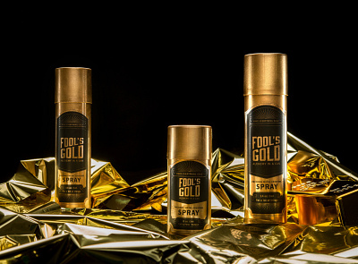 Fools Gold alchemy art direction black and gold branding can concept conceptual design gold gold foil gold logo golden graphic design magic package design packaging packaging design spoof spray spray can
