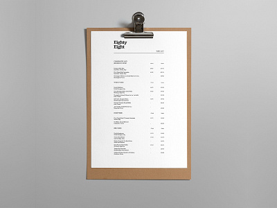 Wine List - Eighty Eight Restaurant 2020 bold clipboard menu design hospitality indesign layout layout design menu print print design printing restaurant typography wine wine list
