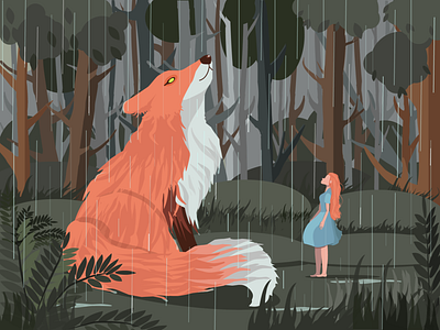 forest fairy tale character forest fox girl illustration rain vector