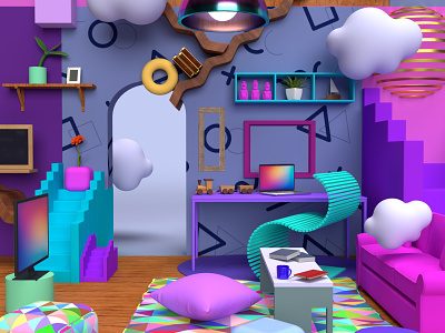 Room 3d chair colorful dimension funiture illustration interior interiordesign purple room table
