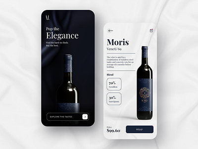 Online Wine Store App Concept alcohol application branding cards clean design clean ui dark ui design ecommerce interface minimal mobile app mobile ui online shop product ui ui ux ux wine winery
