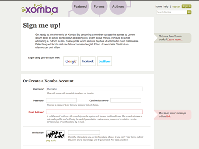 Xomba Form2 error message form