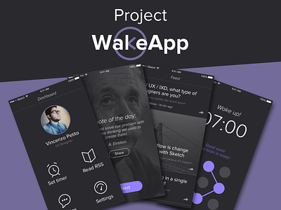 WakeApp - Project alarm app dashboard design feed icon minimal quotes rss ui users ux