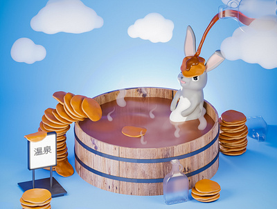 Happy Pancake Day! 3d 3d art blender3d bunny happy illustration japan japanese kawaii onsen pancake pancake day pancakes syrup