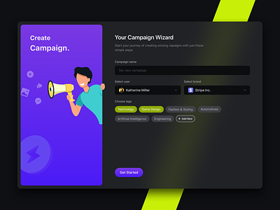 Create Campaign app dashboad design get started illustraion logo onboarding profile tags ui ux