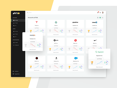 Accounts Dashboard accounts cards company profile dashboad filter graphs grids icons list view piechart reboot statistics stats trophies ui upsell user ux ui webapp webdesign