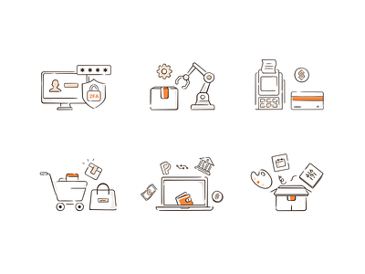 Line illistrations- Icons 2fa art atm attributes design dollar drawing editing illustration art laptop lineart mono password payment app product shades shopping shopping cart ui wallet