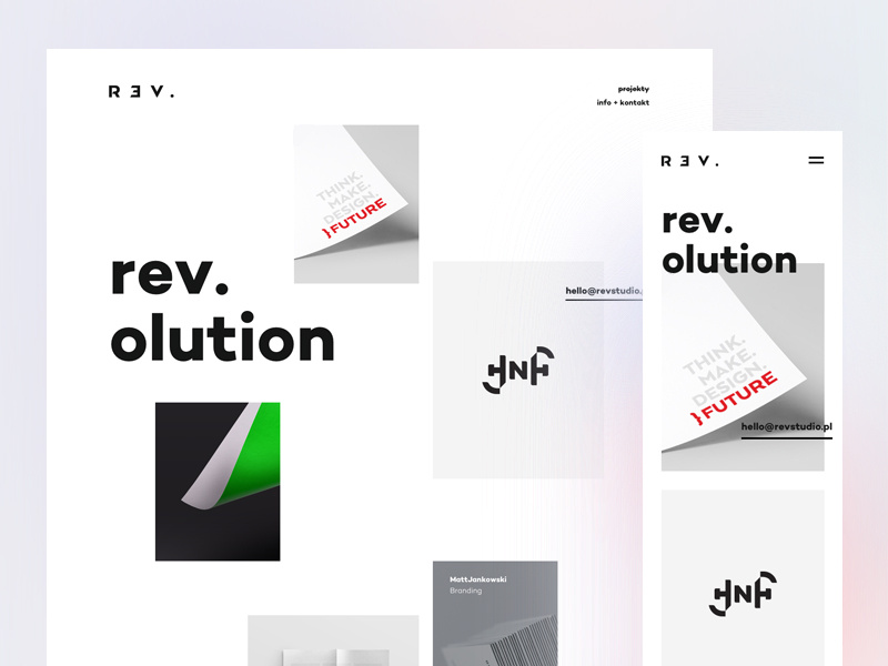 Rev. 🎉 web landing branding mobile grid white work ui studio minimal portfolio