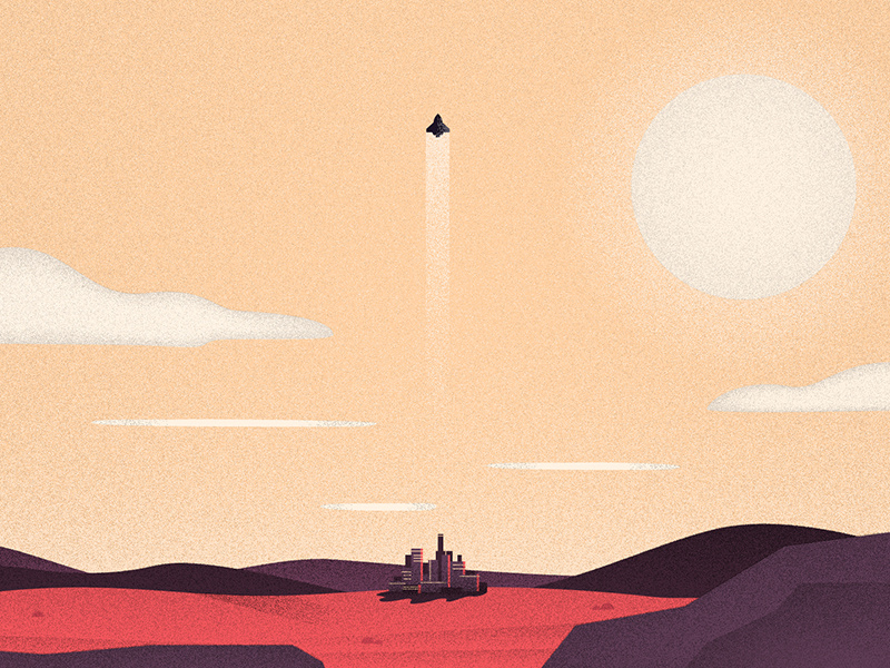Rocketman rocketship flat vintage city rocket spaceship sun cityscape texture illustration landscape space