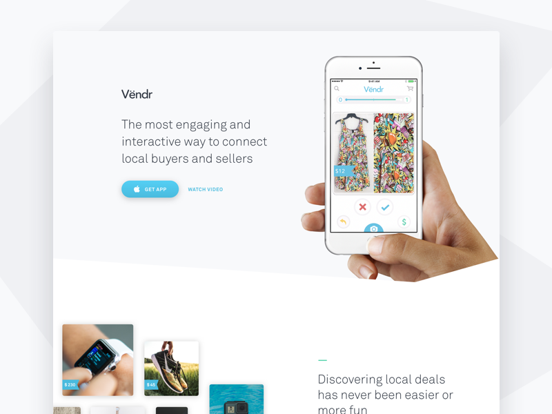 Vendr App - Landing page e-commerce startup website landing page iphone app
