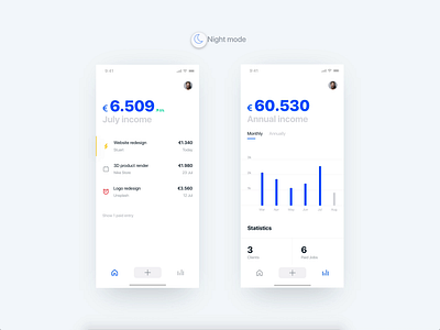 Income app - Dark Mode adobe xd animation app blue clean design finance flat freelancer income ios iphone minimal mobile startup ui ux