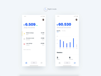 Income app - Dark Mode adobe xd animation app blue clean design finance flat freelancer income ios iphone minimal mobile startup ui ux