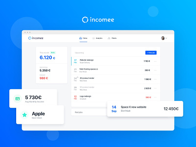 Incomee Web app blue clean design finance flat freelancer invoice jobs minimal startup tracking app ui ux webapp