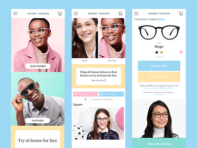 Warby Parker Redesign - Mobile Layouts colorful ecommerce glasses homepage mobile pastel product category page product detail page responsive design ui visual design warby parker