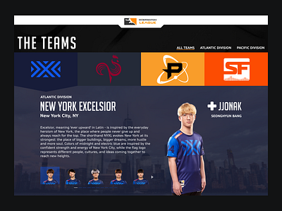 Overwatch League Redesign - Teams Page blizzard brand esports esports teams excelsior gaming new york overwatch overwatch league owl redesign team page uxui video game visual design web design website