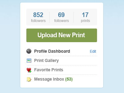 PrintedPiece New Profile app application blue dashboard email gallery graphic design green icons print sidebar web design widget