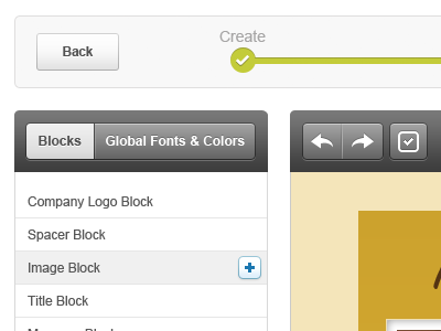 Editor View add arrows block boxes button check container create editor fonts footer global header plus step indicator typography