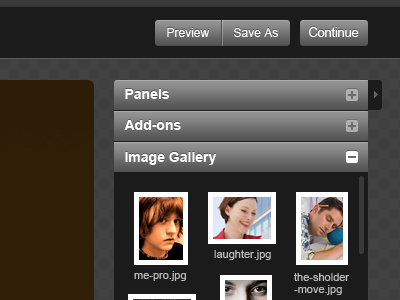 Panel Widget arrow black box buttons check clean container continue dark gradient icons layout mark panel photo preview save selected simple thumbnail thumbs toggle