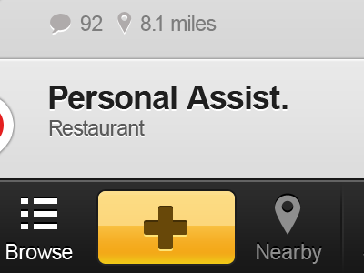 Personal Assistance WIP add app badge bar browse bubble buttons comments icons interface ios listing maps miles nav notification phone pin plus restaurant ui website