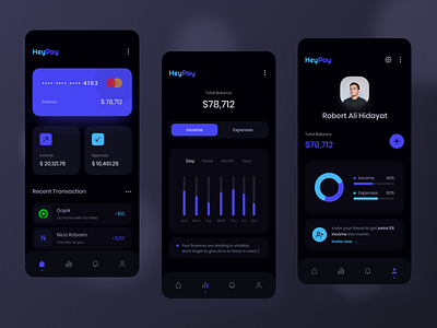 HeyPay - Money Management App - Dark Theme app app design bank app clean clean design dark app dark mode dark theme dark ui desain design money app money management payment app typography ui ui design user experience user interface ux