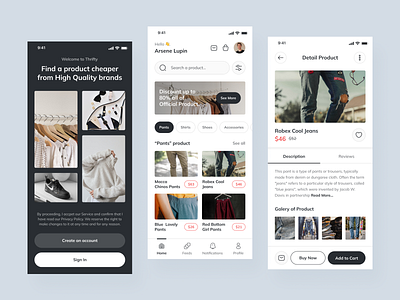 Thrifty - Clothing Store App black clean design clothing clothing app clothing store desain design store store app typography ui uidesign uiux user interface ux uxdesign