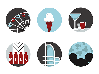 LA Trip Icons disney drinks ferris wheel ice cream icons illustration