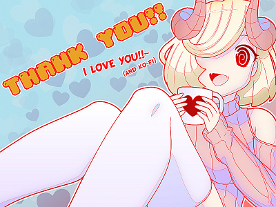 Coffee and thanks! affinity designer coffee cup girl happy heart horns hyper illustraion ko fi legs love pink stockings sweater thank you