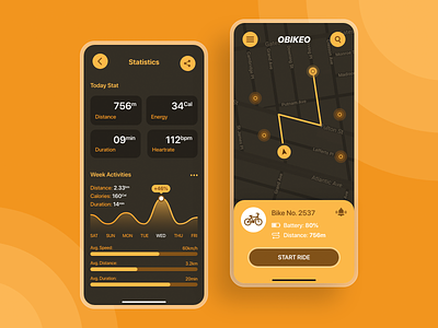 OBIKEO, Bike Rent App app application bike chart concept dark dark mode diagram map mobile mobile ui rent