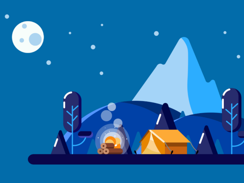 Small world forest mountains trees vector art moon night colorful picnic illustration