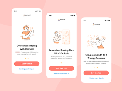 Get Started Screens for Stamurai get started getting started onboarding onboarding illustration onboarding screens onboarding ui speech therapy stammering stamurai stutteting walkthough welcome welcome screen