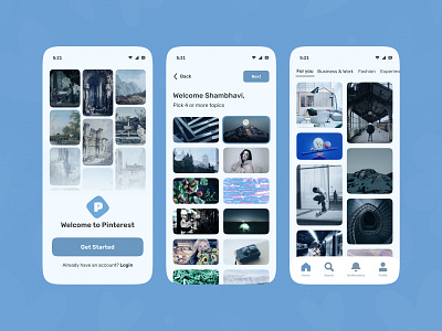 Pinterest App Redesign blue boards cute get started home screen kawaii minimal monochrome onboarding pinterest redesign salmanwap setup ui design