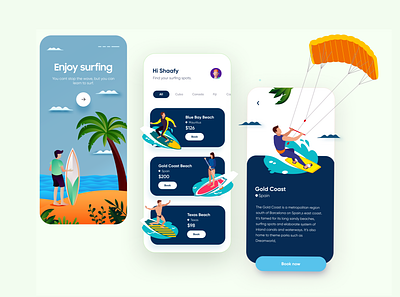 Surfing App Design android app design illustraion illustrator minimal product design summer sunny sunset surf surfboard surfing typogaphy ui design uidesign uiux water wave