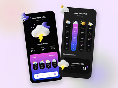 Weather App Concept Design 3d android app app design dark dark theme ios minimal mobile mobile app mobile app design online product design rain search sunny trendy typography weather weather app