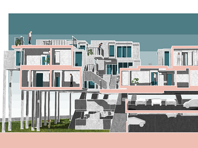 Section Prespective. 3 adobe affordable housing architecture garage housing illustration illustrator make 2d modular housing people photoshop prespective section texas vector