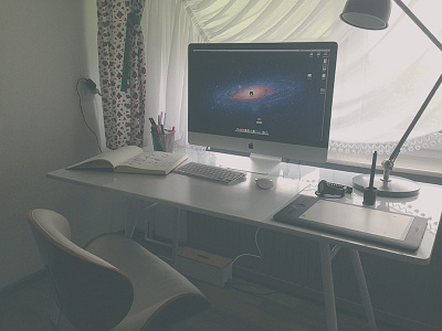 Home Office chair creative design desk home mac minimalist office setup space white workspace