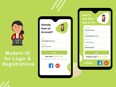 Modern UI for Login and Registration android android app android app design android app development app art branding clean design designs icon illustration logo minimal ui uidesign ux uxui vector xd