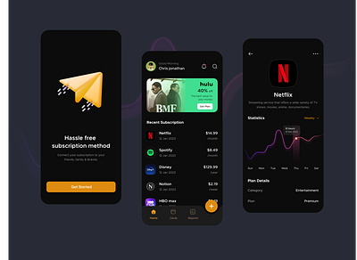 Subscription Management App 🔔 animation card design dark ui design design pearl easy design figma design graph home design ios and android mobile netflix new quick design simple work subscription manage trending ui uiux ux