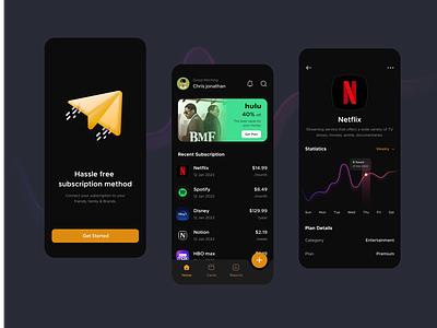 Subscription Management App 🔔 animation card design dark ui design design pearl easy design figma design graph home design ios and android mobile netflix new quick design simple work subscription manage trending ui uiux ux